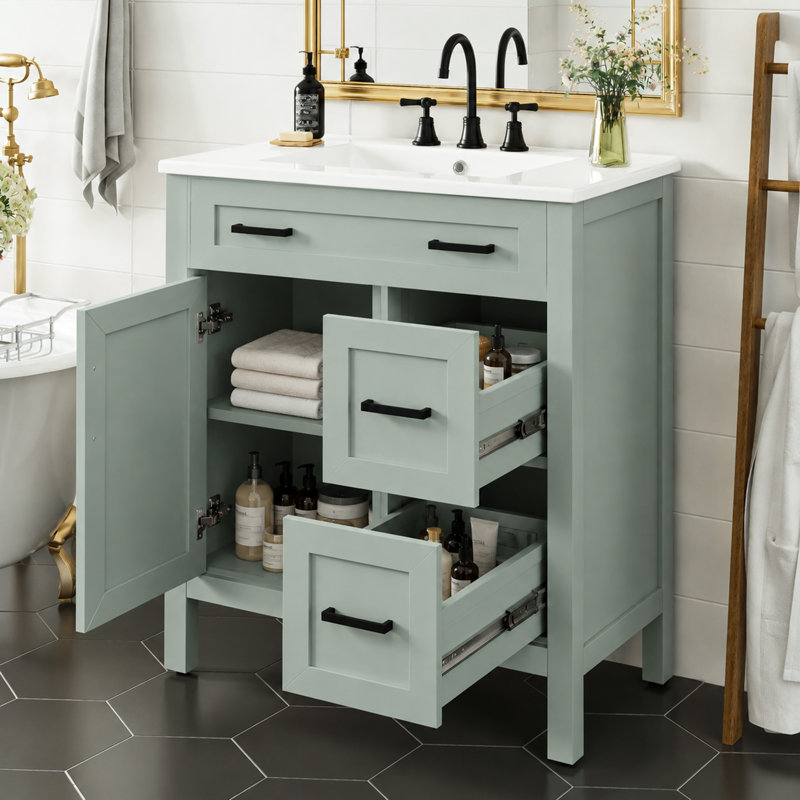 Meuble-lavabo 30 po vert sauge avec lavabo en céramique, structure en bois massif, 2 tiroirs à fermeture en douceur, 1 porte à fermeture en douceur, tablette réglable et poignées noires