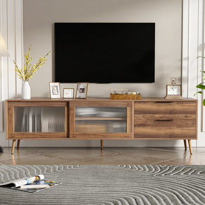 Modern TV Stand For 75"+ TV, TV Console With 2 Glass Doors, Entertainment Center With 2 Drawers & Storage Cabinet, 70" Media Console Table For Living Room, Bedroom