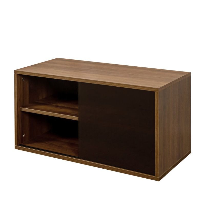 Stackable Storage Unit With 2 Sliding Glass Doors, Perfect For Home Organization Of Keepsakes, Garments, And , 13.97 Width, Walnut, Particle Board + Doors