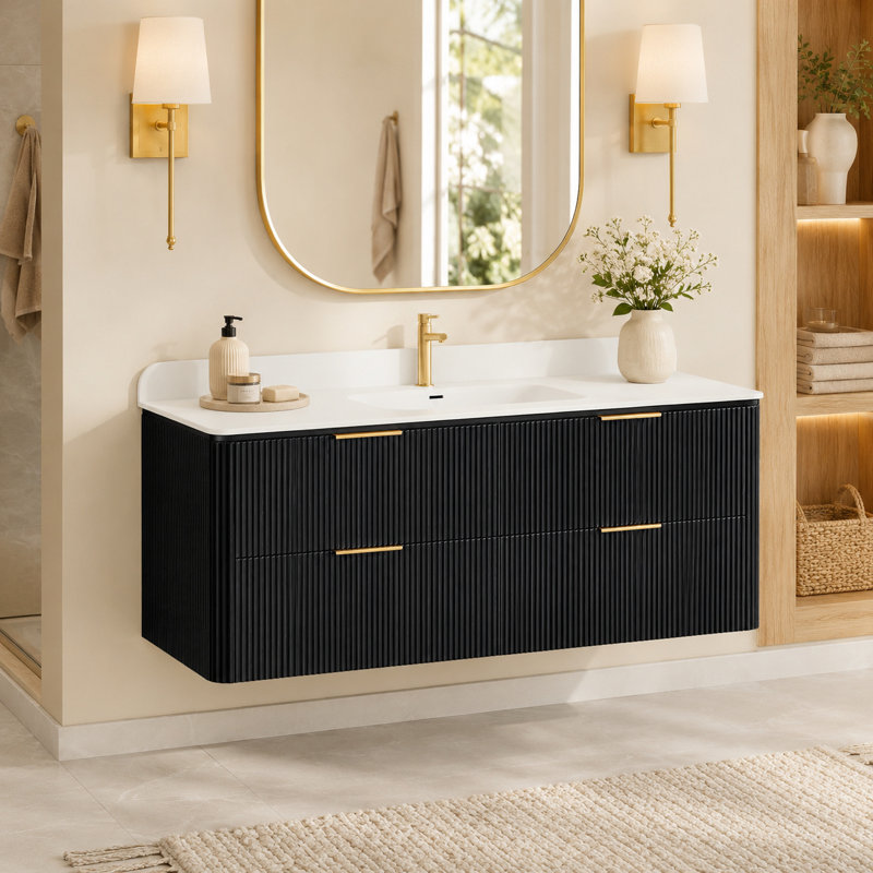 Ensemble de meuble-lavabo mural 24 "avec plateau en acrylique intégré et ensemble de meuble-lavabo mural cannelé en chêne naturel