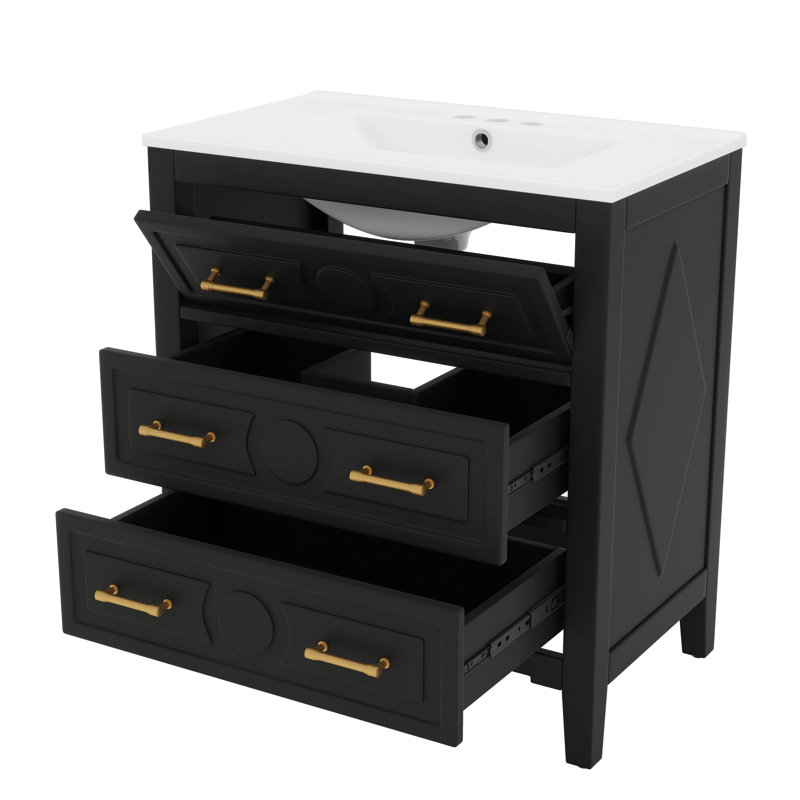 Armoire de rangement de salle de bain 30 po avec cadre en bois robuste et 3 tiroirs, Noir, Doré