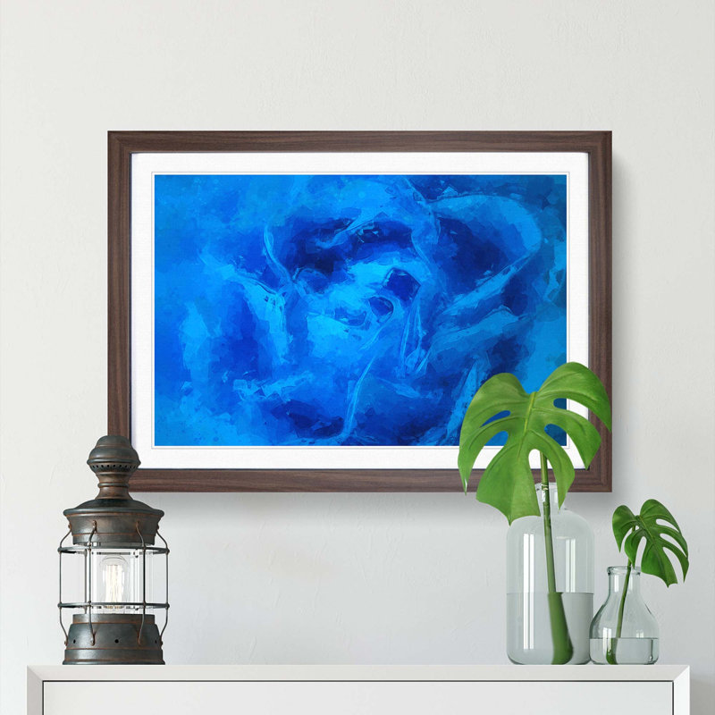 Folded Rose Petals in Blue in Abstract - Picture Frame Graphic Art Print, 27cm H x 36cm W x 2cm D, Walnut Framed