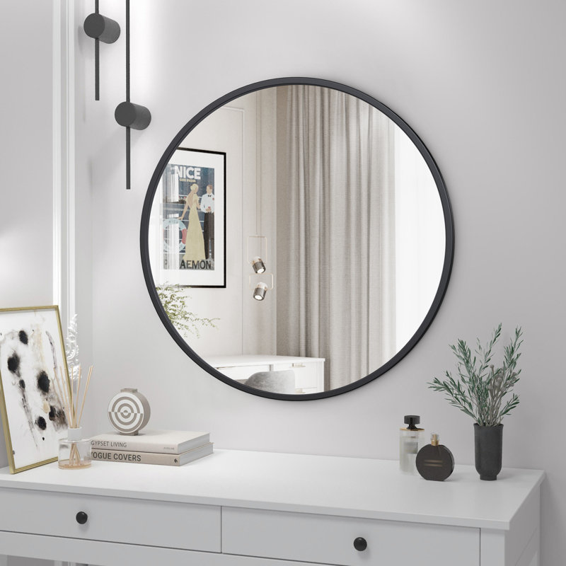 Eren Wall Mounted Modern Wall Accent Round Mirror, Black, 30" x 30"