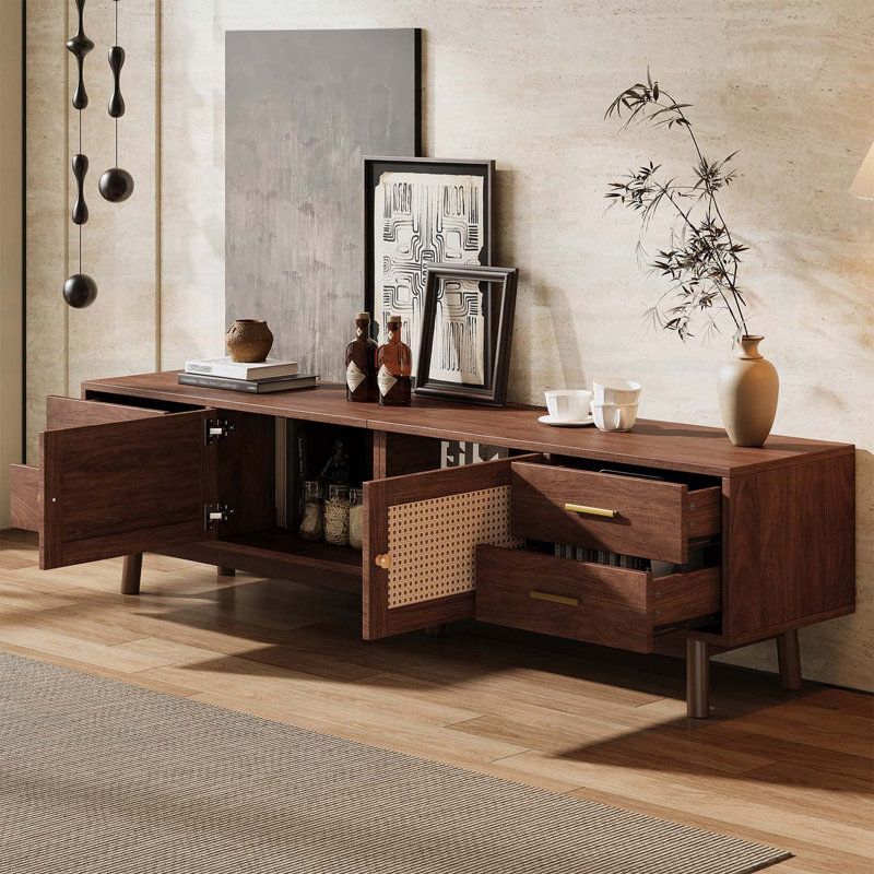Console multimédia avec espace de rangement, 4 tiroirs et trous de câbles pour le salon