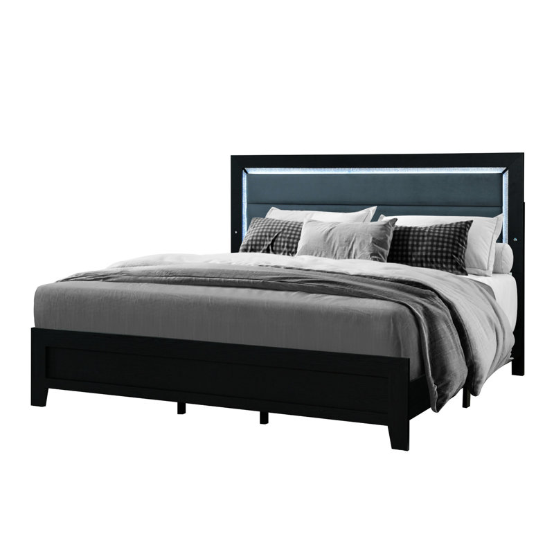 Grand lit moderne en bois noir avec tête de lit tapissier et décor à DEL, solide +, 82,57 po Profondeur, 60,69 de largeur, 53,94 de hauteur, éclairage de masse et tête de lit de 84,63 lb, profond, large, haut, lourd