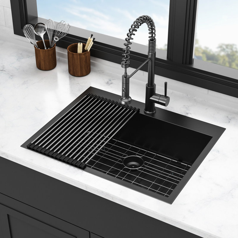 28X22 Gunmetal Black Drop In Stainless Steel Sink - 18 Gauge, Scratch Surface, 3.5" Drain, 26"X18" Interior 28"X22" Scratch , 31-Inch Cabinet Min, 9" Deep
