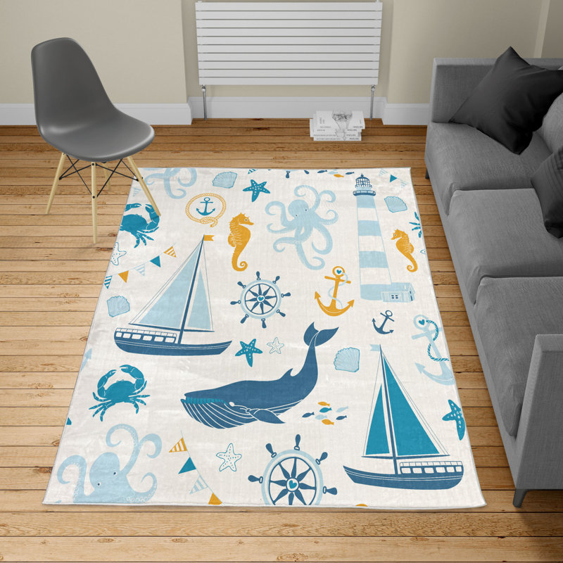 Tapis bleu / orange / blanc, Rectangle 5 pi 2 po x 7 pi 6 po