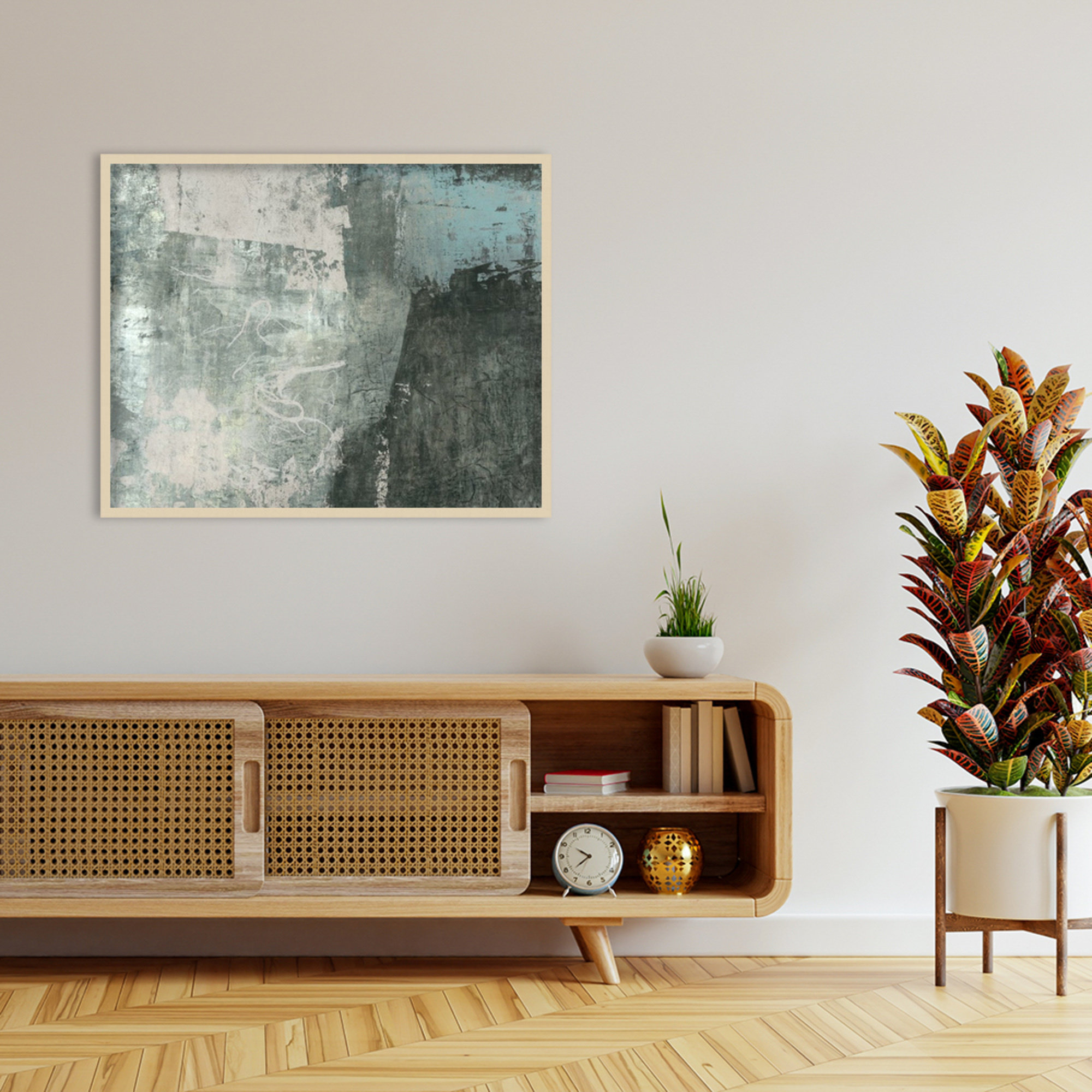 Black and Grey and Blue I by Fresno Wood Framed Wall Art Print, 33" H x 41" W, Brown