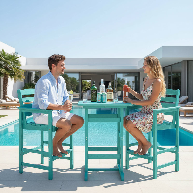  3 Pieces Outdoor Patio Bar Set, Oversize Tall Adirondack Bar Chair And Table Set, Blue