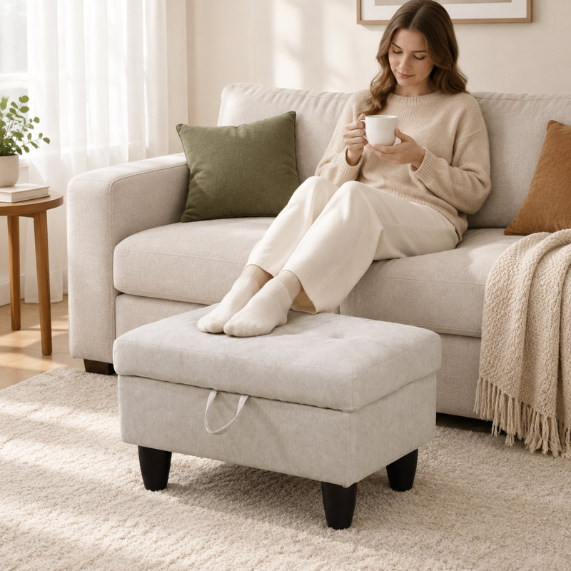 Rehmaan Upholstered Bench with Flip Top, Off-White 100% Cotton