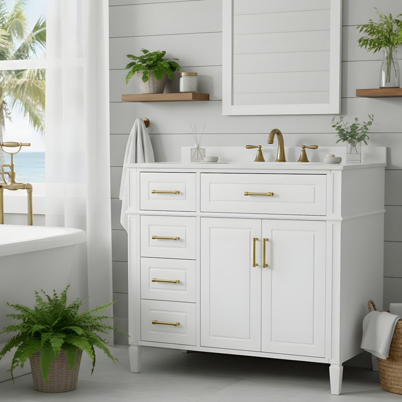 Élégant meuble-lavabo de 36 pouces avec lavabo en céramique, Blanc