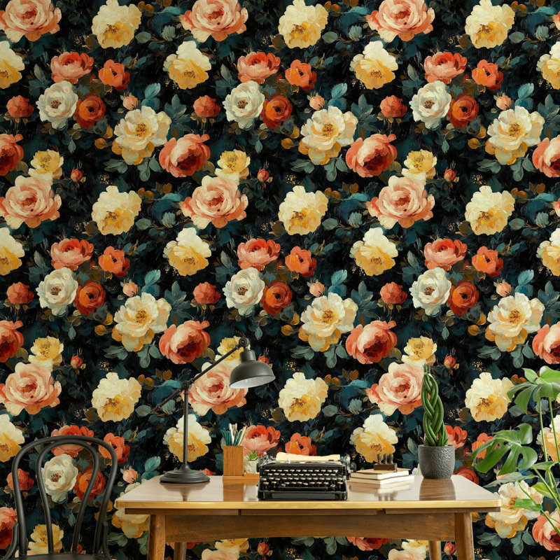Papier peint adhésif floral Moody Dark | Murale rose rétro | Décoration murale peinture à l'huile