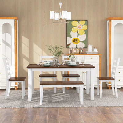 Rustic Style 6-Piece Dining Room Table Set With 4 Ergonomic Designed Chairs & A Bench (Walnut + Cottage White)