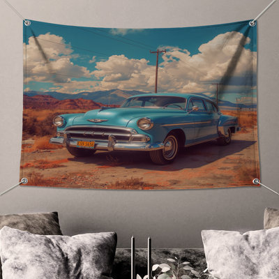 Vintage Blue Car Desert Wall Tapestry - Automobile Wall Decor