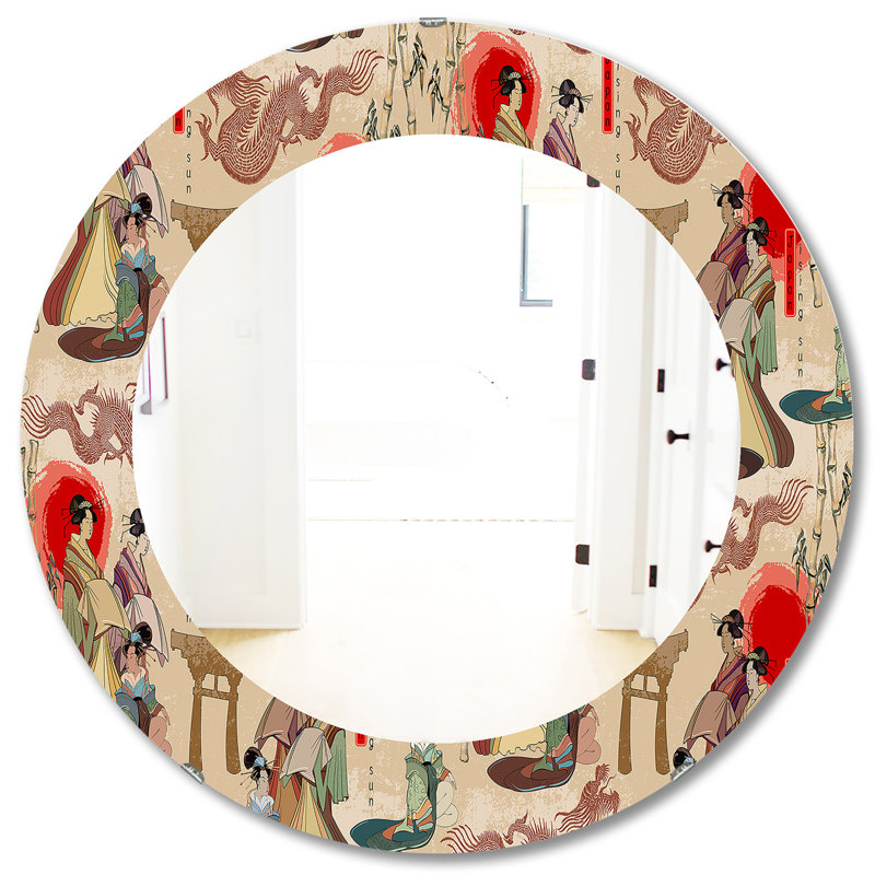 Miroir décoratif bohémien et éclectique japonais Geishas and Dragons, H 31,5 po x l po