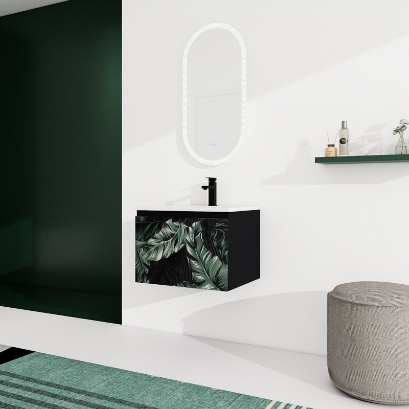 Meuble-lavabo mural 24 po. Armoire noire en contreplaqué avec porte à fermeture en douceur qui fonctionne sans effort. Lavabo en céramique pour un meuble-lavabo moderne. Fonctionne parfaitement