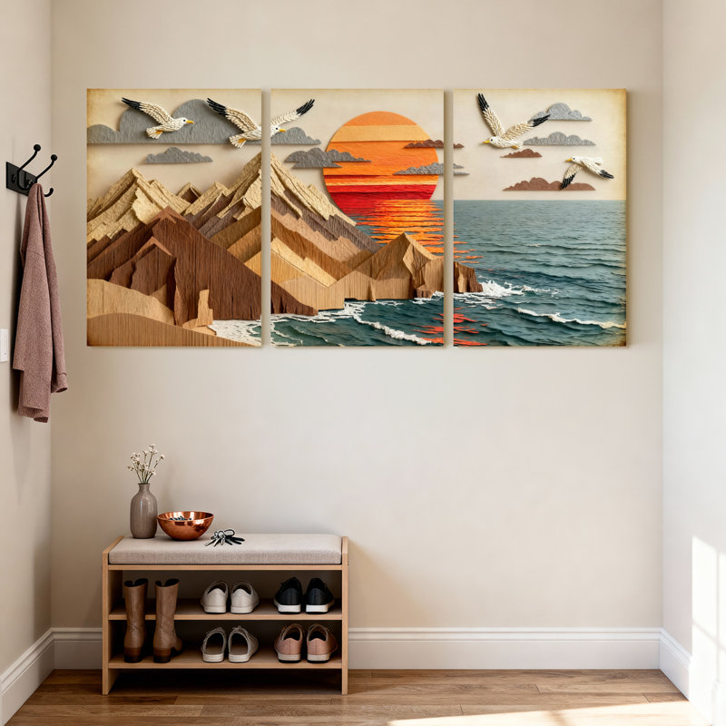 Ensemble de 3 tableaux sur toile tendue représentant un coucher de soleil sur la montagne, des vagues et des mouettes.