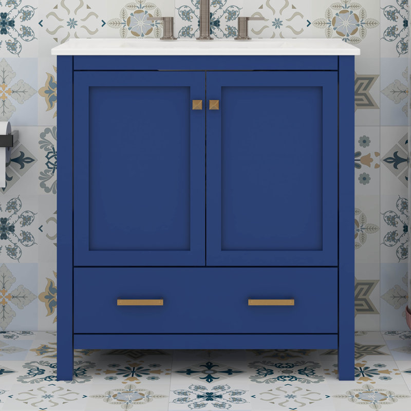 30" Bathroom Vanity With Sink Top, Combo Set, Small Bathroom Vanity Cabinet With 2 Soft Closing Doors And Drawer, Blue