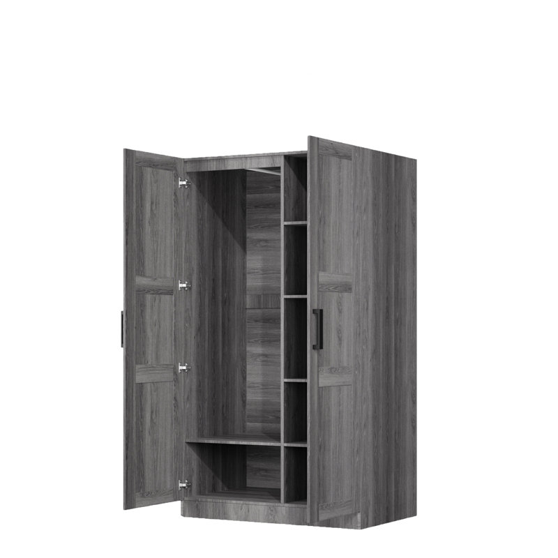 Garde-robe 2 portes - penderie avec plusieurs tablettes, Gris