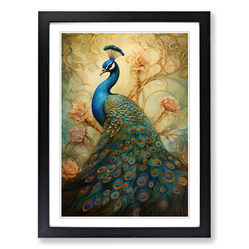 Peacock Tachisme - Single Picture Frame Print on Wood, 64cm H x 46cm W x 2" D, Black Framed