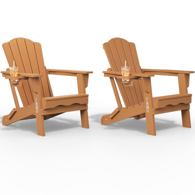 Teak All-Weather HDPE Plastic Folding Adirondack Chair with Cup Holder for Patio & Garden (Set of 2)