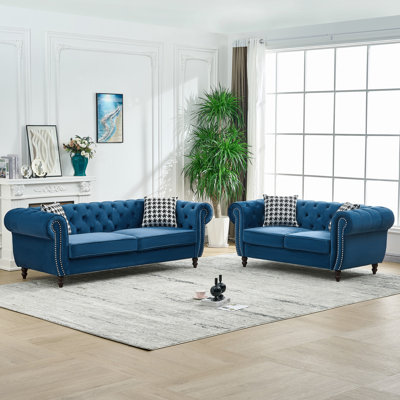 Three-Seat And Two-Seat Chesterfield-Style Upholstered Sofa With Rolled Arms, Nailhead Trim, Mid-Century Modern Design, And Premium Velvet Fabric For Living Room, Office, Or Apartment Use.