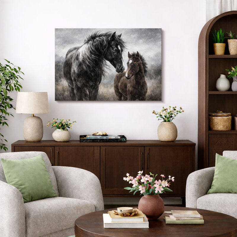 Illustration de chevaux sauvages, mère et poulain dans la nature, impression sur toile encadrée, H 32 po x l 48 po x P 1,5 po