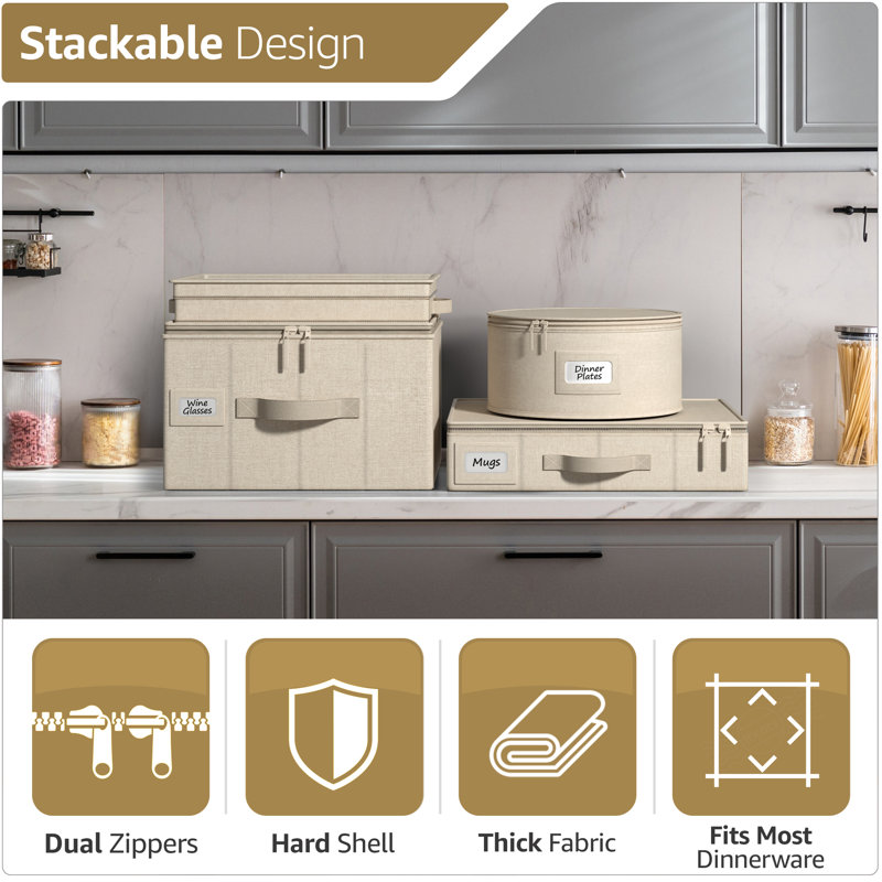 Sorbus 4-Set Stackable Dinnerware Storage Set with Plate Protector, Beige