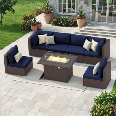 7-Piece Outdoor Furniture Set with Fire Pit Patio Wicker Conversation Set Cushions