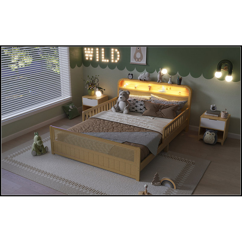 Structure de lit double en rotin avec lumières DEL et tête de lit à rangement, lit plateforme double avec barrières de sécurité pour enfants, naturel