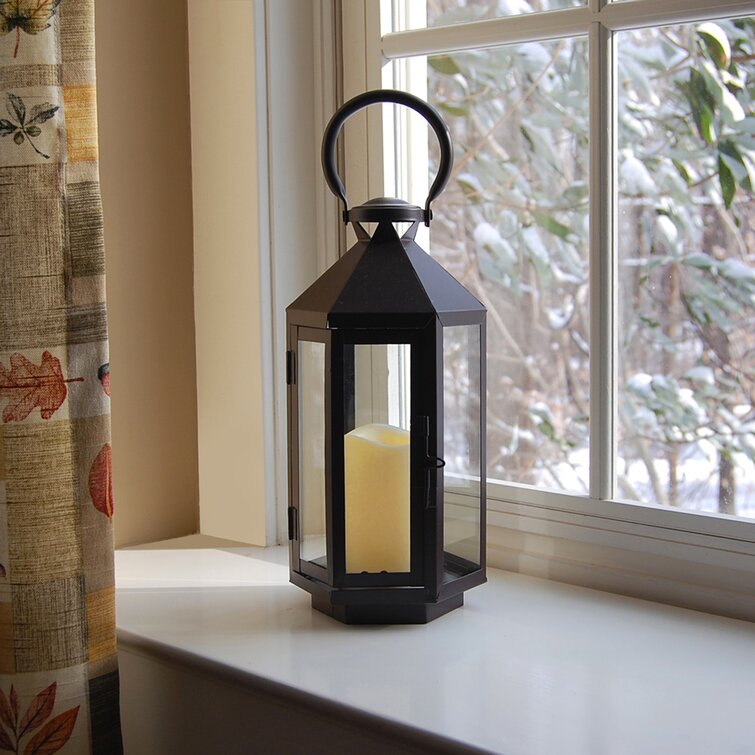 Battery-Operated Metal Lantern with LED Candle - 14 Black Window