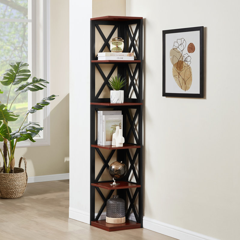 Darek 63.75" H x 12" W Corner Bookcase, Cherry/Black