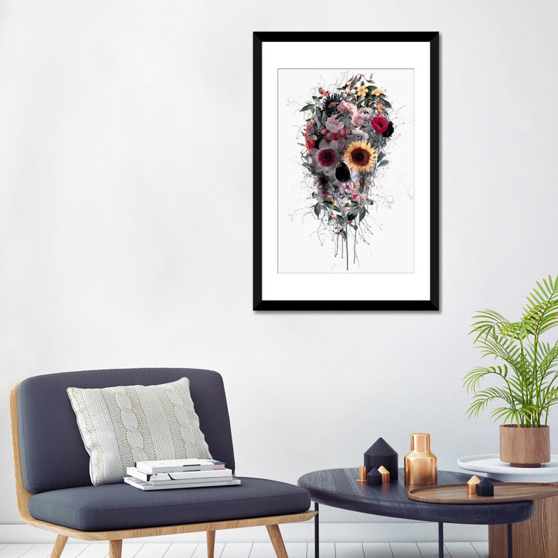 « floral crâne series », impression sur toile, H 32 po x l 24 po x P 1 po, Papier d'art encadré noir, Blanc