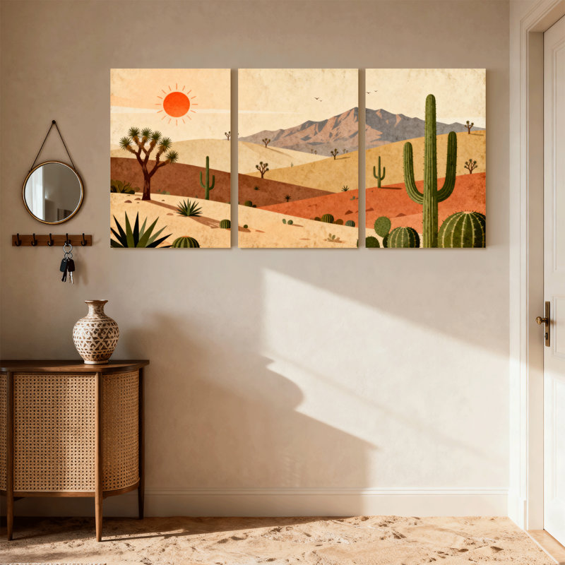 «Landscape & Nature Desert Landscape with Cactus and Sun», ensemble de 3 impressions sur toile, H 24 po x l 48 po