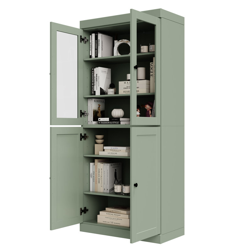 Bibliothèque 100% bois massif à 6 tablettes, portes Shaker et verre transparent, tablettes réglables, 32 po de largeur, 71,5 po de hauteur