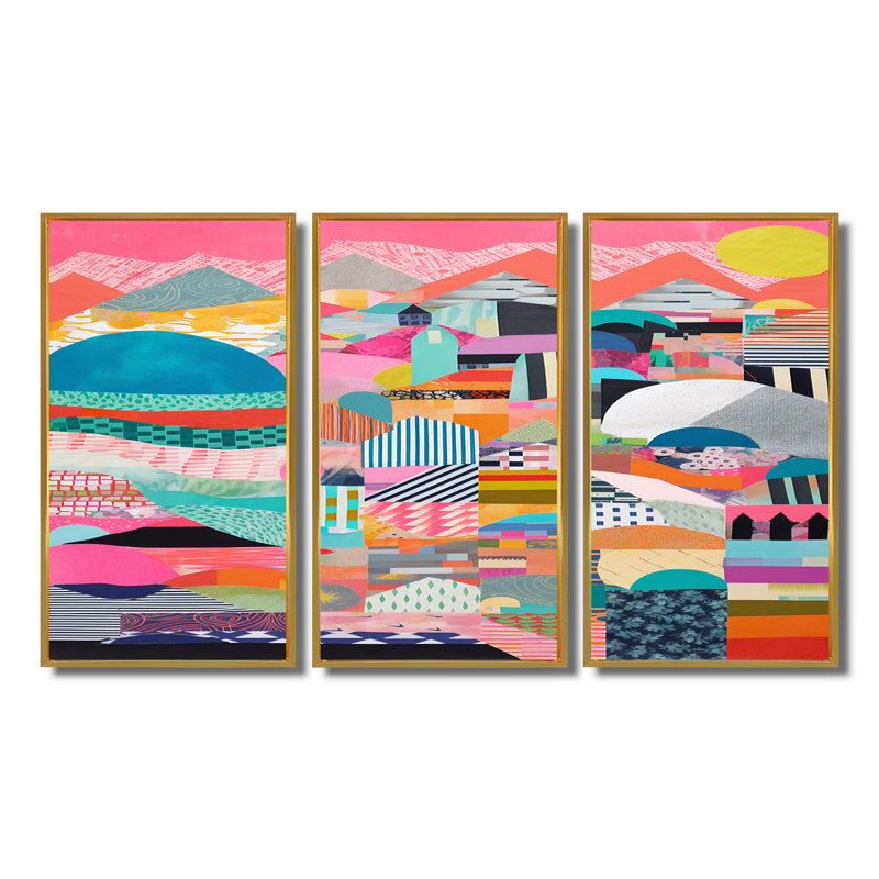 Ensemble de salon mural Billerica - Collages abstraits, Cadre flottant doré, H 32 po x l 48 po x P 1 po