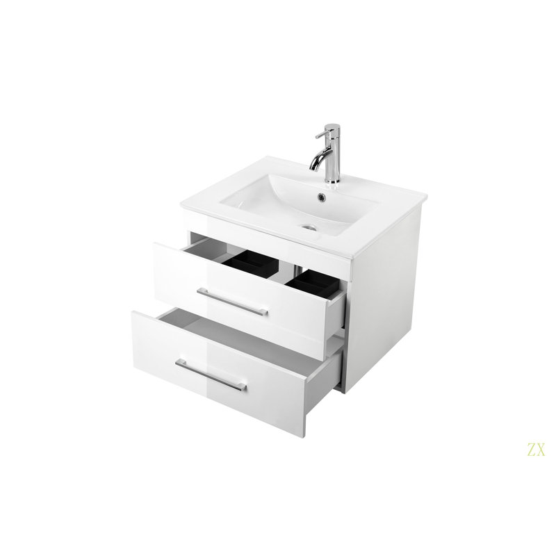 Le meuble-lavabo mural de 24 pouces avec tiroirs doubles, système de fermeture en douceur, lavabo en céramique, crée un espace de salle de bain moderne et minimaliste