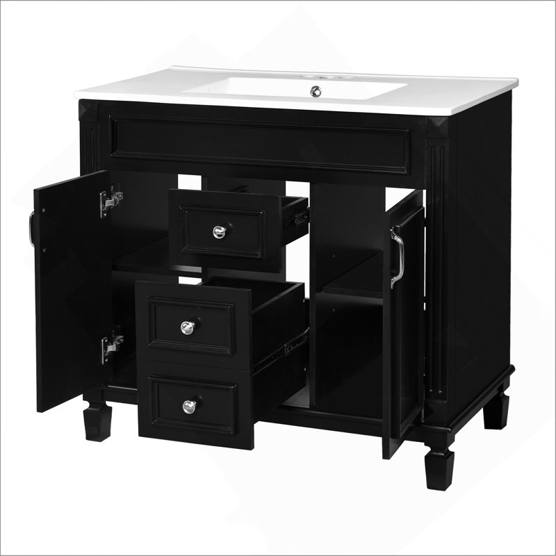 Meuble-lavabo de 36 po avec lavabo supérieur, armoire à miroir noire, armoire de rangement moderne avec 2 portes à fermeture douce et 2 tiroirs, meuble-lavabo simple