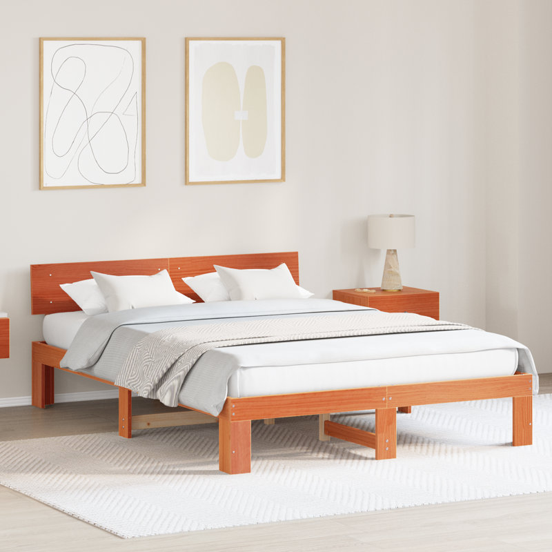 Bed Frame With Headboard Wax Brown Solid Pine Wood, European Kingsize (160 x 200 cm)