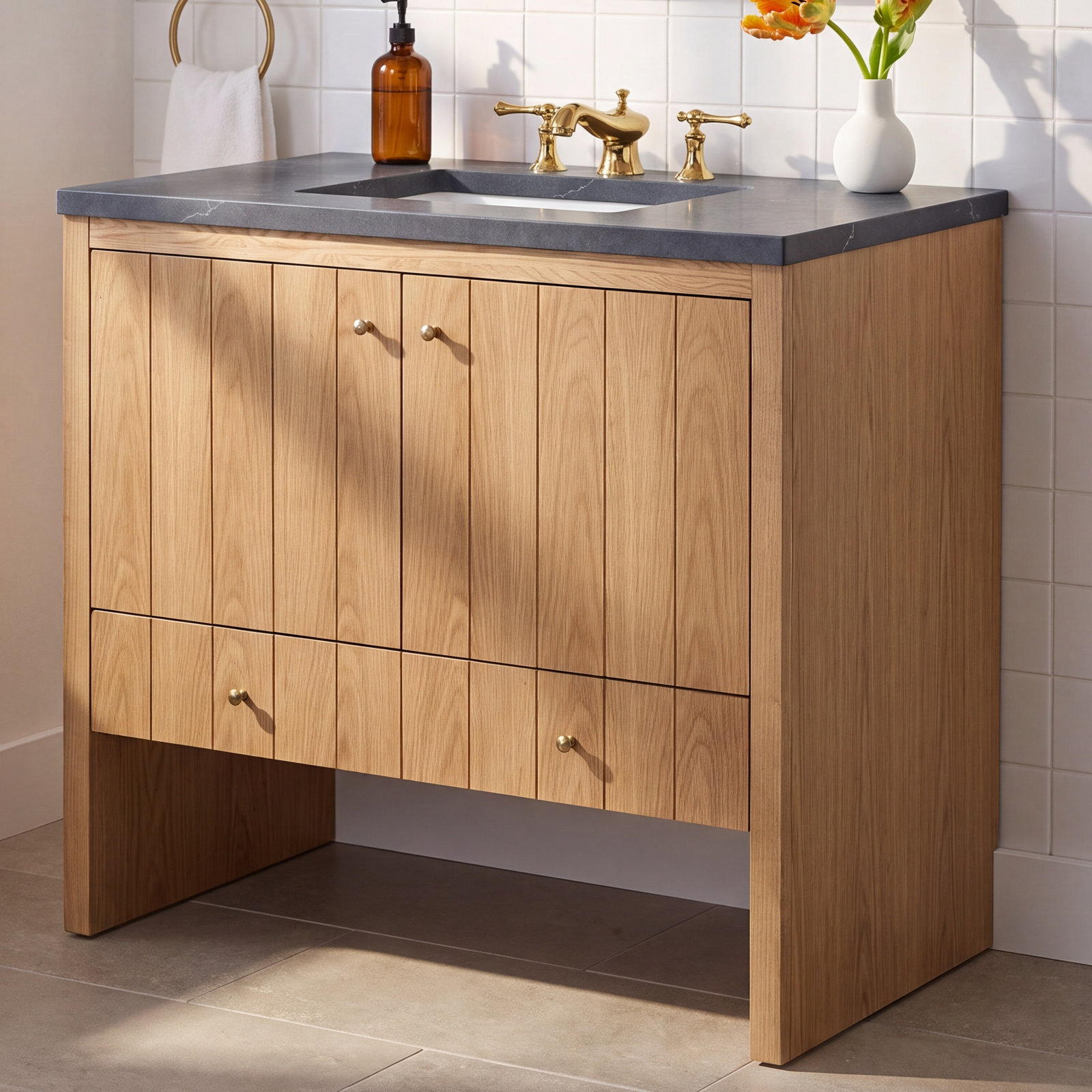 Hudson 36'' Single Bathroom Vanity, Light Natural Oak, Charcoal Soapstone, 8" Widespread