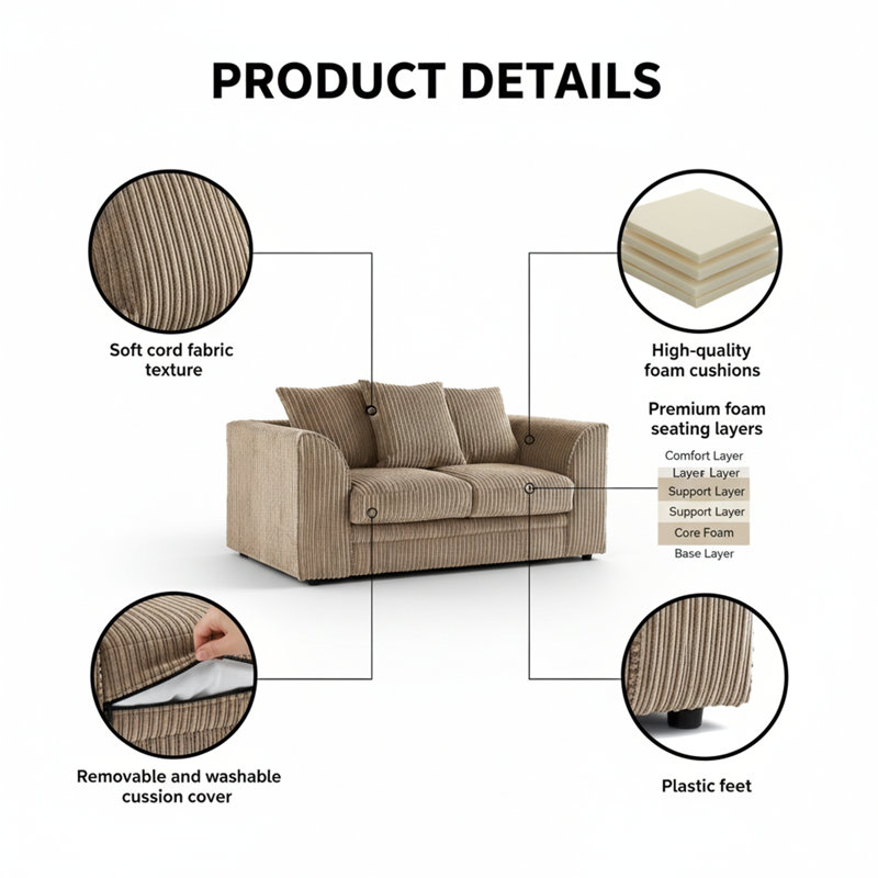2 Seater Corduroy Sofa, Coffee