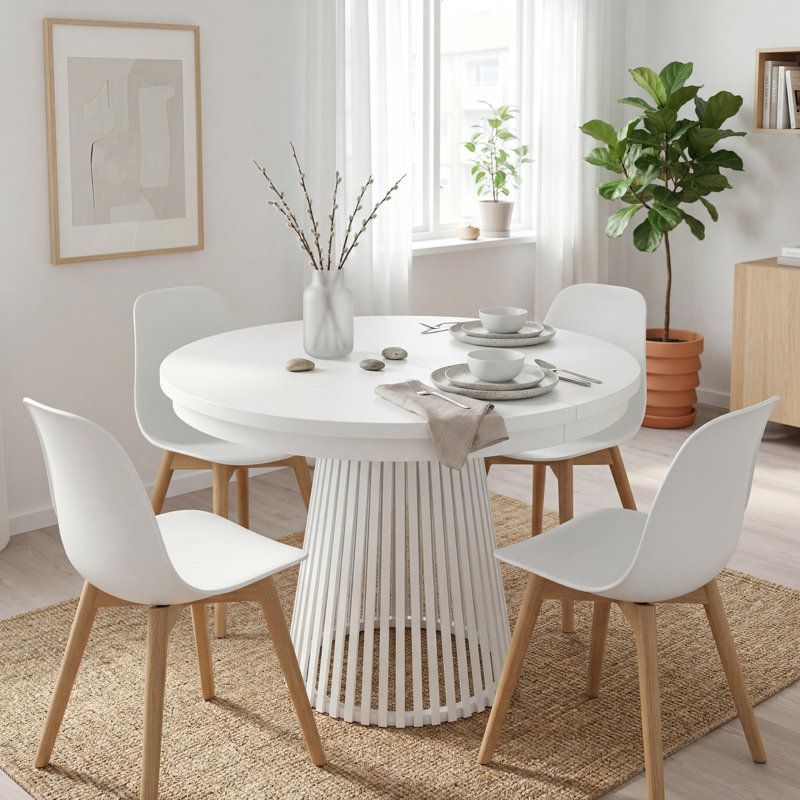 Extendable Metal Base Dining Table, Alpine White, White