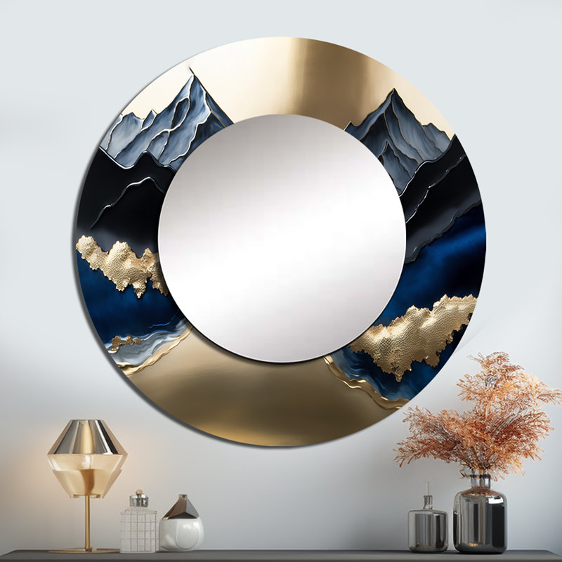 Orazio Golden Mountains And River - Gold Large Wall Mirror, Traditional Round Unique Mirror, Printed Metal Art, 36" x 36"