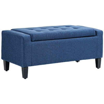 Linen Upholstered Storage Ottoman Bench, Dark Blue Lift-Top Design With Button Tufting For Living Room