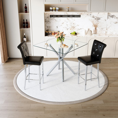 Table de pub contemporaine à hauteur de comptoir avec pieds, 2 tabourets de bar en cuir pu noir, verre moderne pour petit espace, design épuré, chaises et table de construction, 2 bar maison, construction, espace