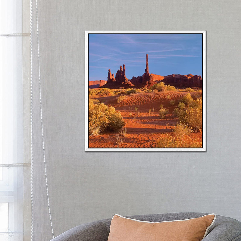 Totem Pole And Yei Bi Chei With Sand Dunes And Shrubs, Monument Valley, Arizona And Utah Border 1 Piece Wall Art on Canvas