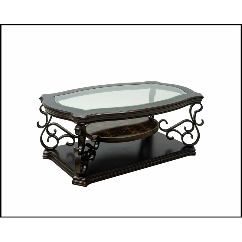 Table basse polyvalente à plateau en verre avec tablette centrale, parfaite pour un décor moderne et rustique, utilisation multifonctionnelle