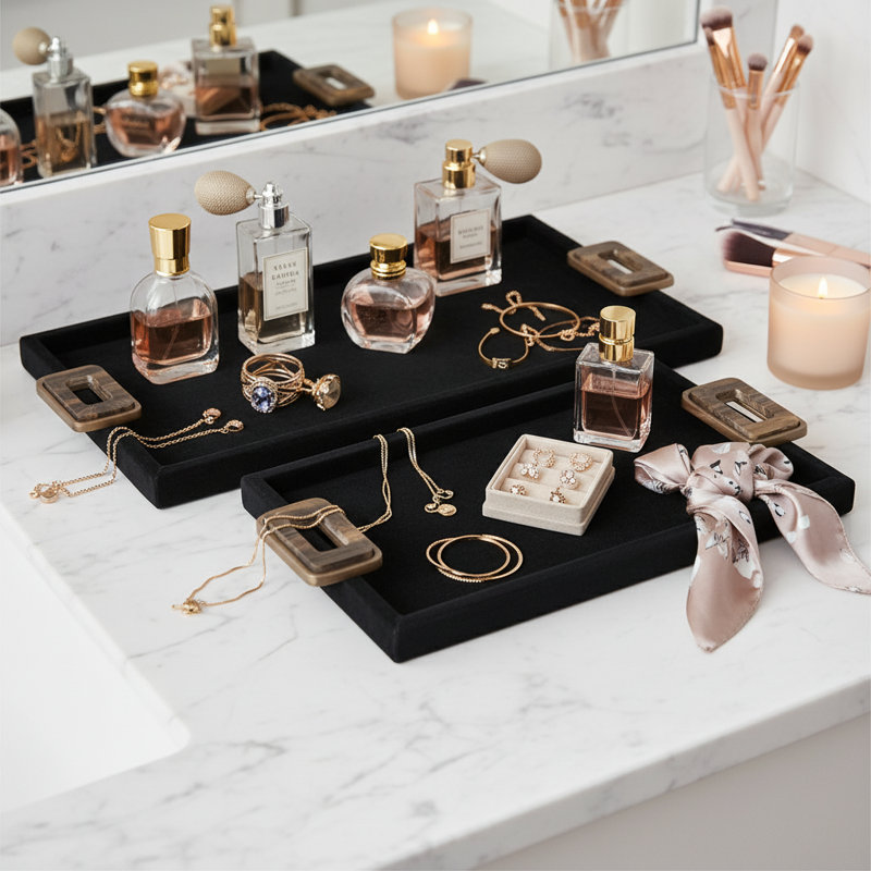 Aldossari Decorative Suede Accent Tray with Gemstone Hardware for Ottoman - Stylish Home Decor Tray for Coffee Table, Kitchen, or Trinket - Set of 2, 22", 16", Black