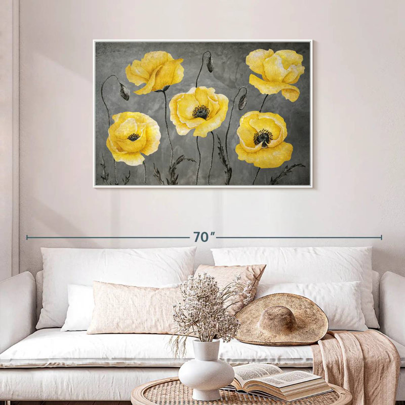 Coquelicots jaunes, Cadre flottant blanc, 43 po x 29 po