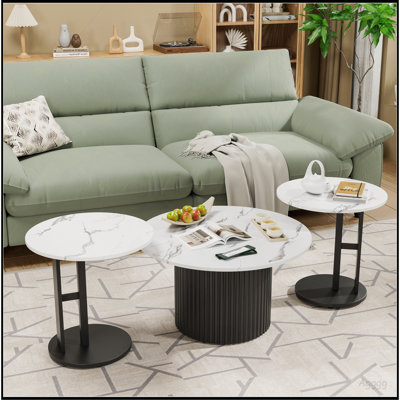 Ensemble de 3 tables basses, tables basses gigognes modernes avec plateau en faux marbre et pieds en métal, tables basses et tables d'appoint rondes avec design nervuré pour le salon, petit appartement
